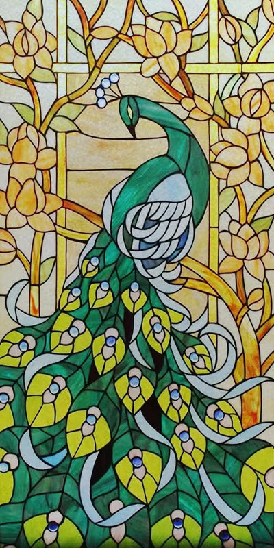 Customized Size No Glue Static Cling Frosted Stained Glass Film Window Films Sticker for Bathroom Door Home Decor Church Peacock