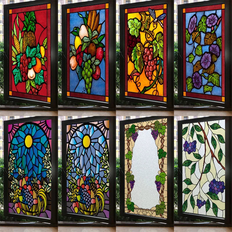 Custom Size Stained Glass Window Film Fruit Pattern Grape Mango Watermelon For Rectangular Shape Glass Office Door Home Decor