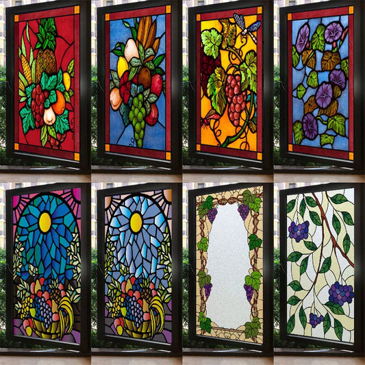 Custom Size Stained Glass Window Film Fruit Pattern Grape Mango Watermelon For Rectangular Shape Glass Office Door Home Decor