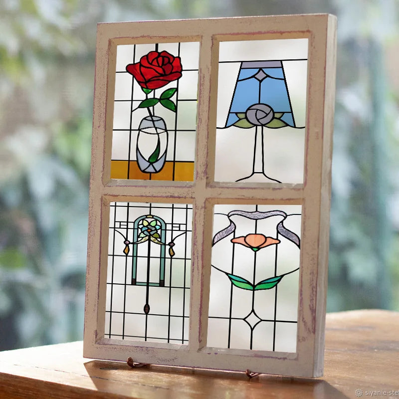 Custom Size Stained Glass Window Film,Frosted Privacy, Static Cling,Retro Prairie Style Stickers,Kitchen Bathroom Door, Home