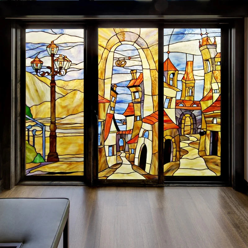 Customized Stained Glass Film Window Films,Static Cling Frosted Privacy,Bathroom Kitchen Cupboard Door Sticker,Castle
