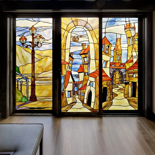 Customized Stained Glass Film Window Films,Static Cling Frosted Privacy,Bathroom Kitchen Cupboard Door Sticker,Castle