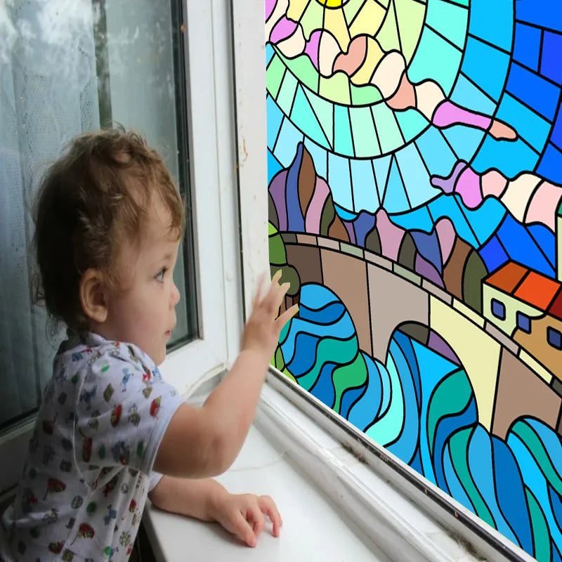 Stained Glass Window Film Frosted Glass Sticker Forest Customized Cartoon House Castle For Kids Room Door Home Decor