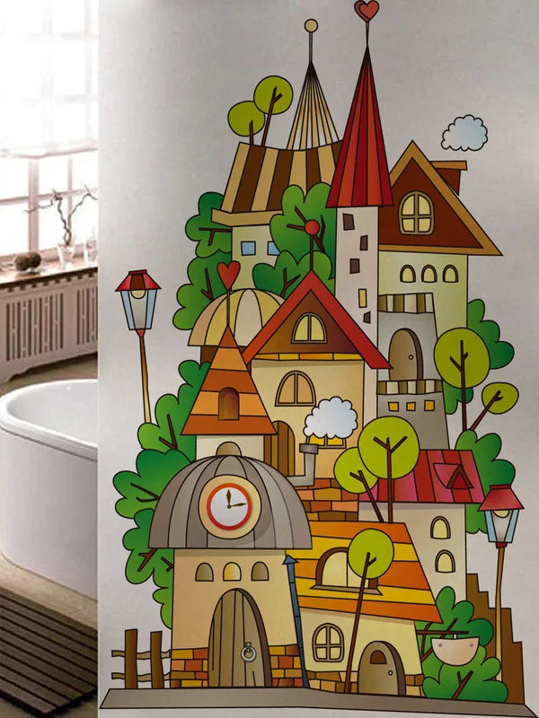 Stained Glass Window Film, Frosted Glass Sticker, Custom Size Castle Cartoon Pattern for Kids Room Door, Poster, Home Decor