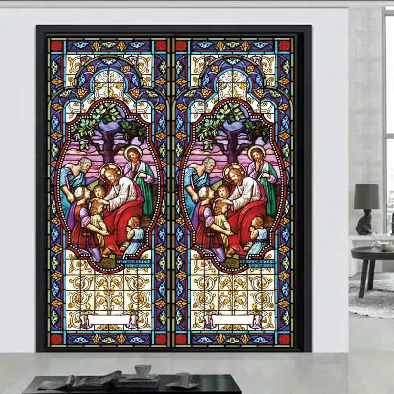 Gothic Rose Window film Glass Films Frosted Stained Window Sticker can do custom size Jesus/Christ Painting