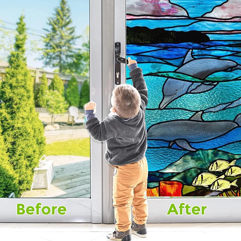 Custom Size Glass Window Film Static Cling Frosted Glass Films Stickers For Wardrobe Bathroom Kitchen Door Fish Dolphin Poster