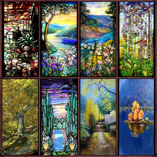 Custom Size Stained Glass Window Film,Frosted Privacy, Static Cling,Vintage Colorful Stickers, Bathroom, Office, Home Decor