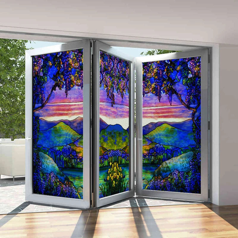 Stained Glass Window Film, Custom Size, Static Cling, Frosted,Flower, Bird, Tree Print for Transom, Glass, Home Decor