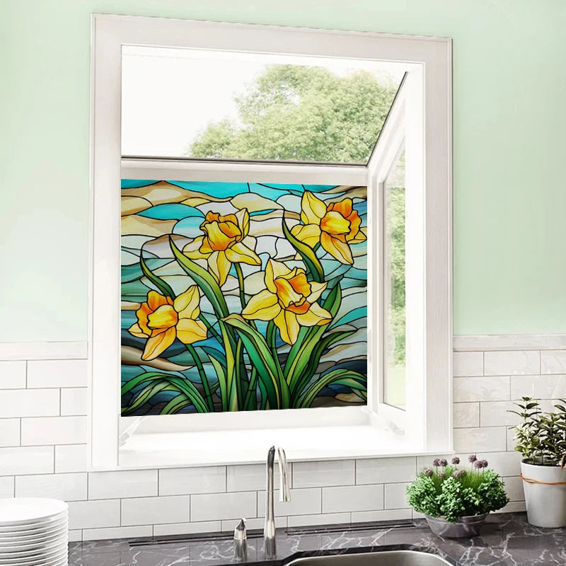 Custom size Window Film Stained Glass Films Frosted Privacy Static Cling Retro Flower Sticker Bathroom Skylight Decor