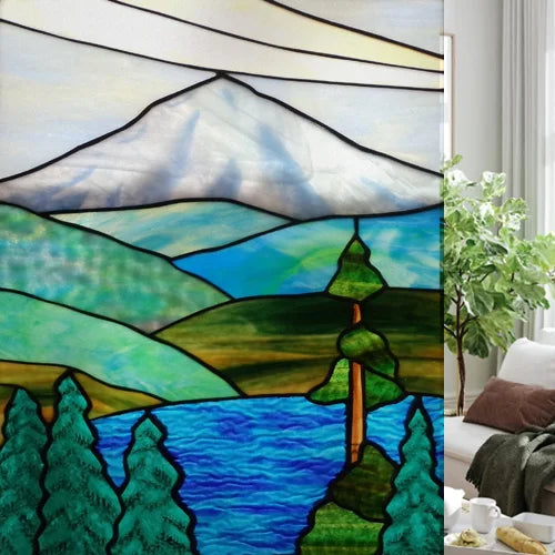 Custom size Glass Films,Stained Glass Stickers Static Cling,Frosted Privacy Print Tree,Rivers,Hill For Window Door Home Decor