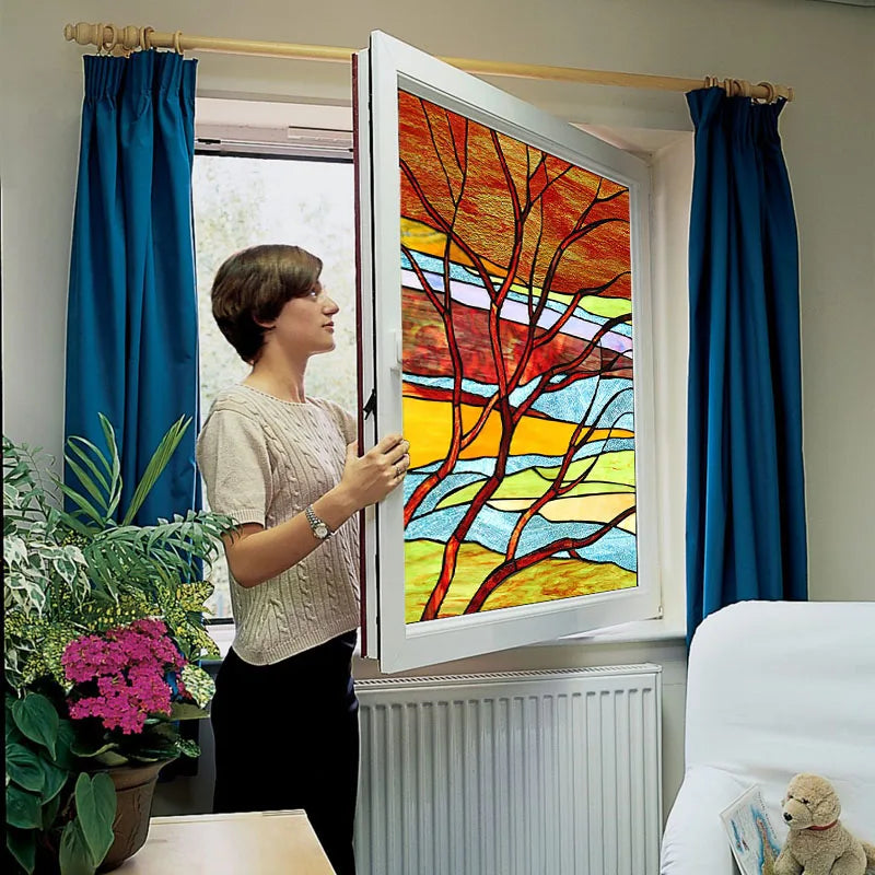 Custom size Glass Films,Stained Glass Stickers Static Cling,Frosted Privacy Print Flower,Tree,Rivers For Window Door Home Decor