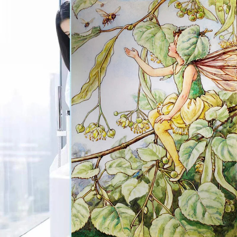 Custom Size Stained Glass Window Film, Flower Tree, Fairy Stickers, Static Cling, Kitchen, Bathroom, Bedroom, Door, Home Decor