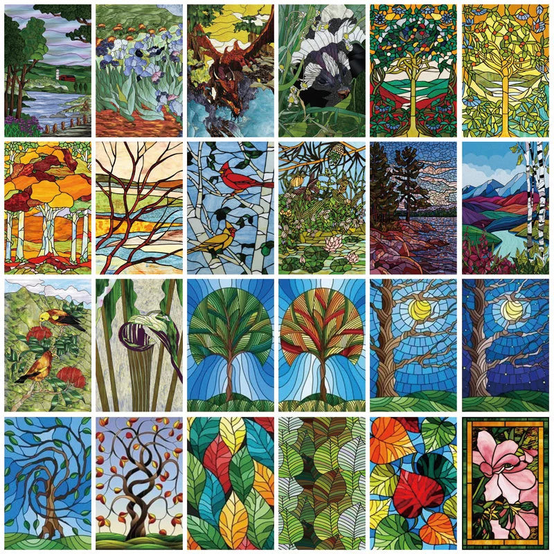 Frosted Stained Glass Window Film, Customized Tiffany Trees, Static Cling Sticker,Bathroom Door, Kitchen, Office, Home Decor