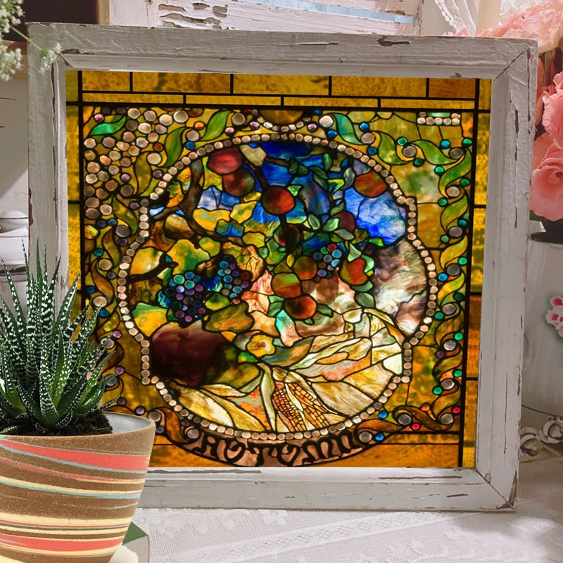 Window Film Stained Glass Films Frosted Privacy Static Cling ,Vintage 4 Seasons Spring, Summer,Autumn,Winter Pictuer for Home