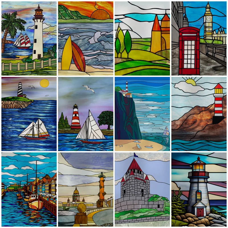 Custom Size Stained Glass Films,Privacy Static Cling,Print Castle, Lighthouse Tower, Sailboat Door Sticker,Office, Home Decor