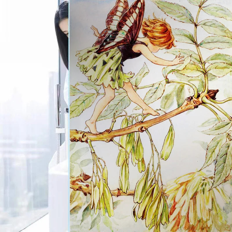 Custom Size Stained Glass Window Film, Flower Tree, Fairy Stickers, Static Cling, Kitchen, Bathroom, Bedroom, Door, Home Decor