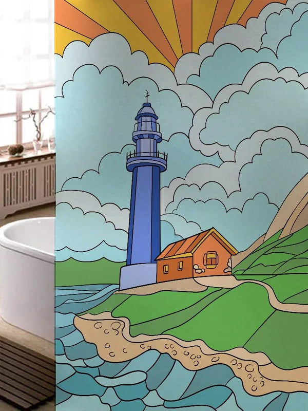 Stained Glass Window Film, Frosted Glass Sticker, Custom Size Castle Cartoon Pattern for Kids Room Door, Poster, Home Decor