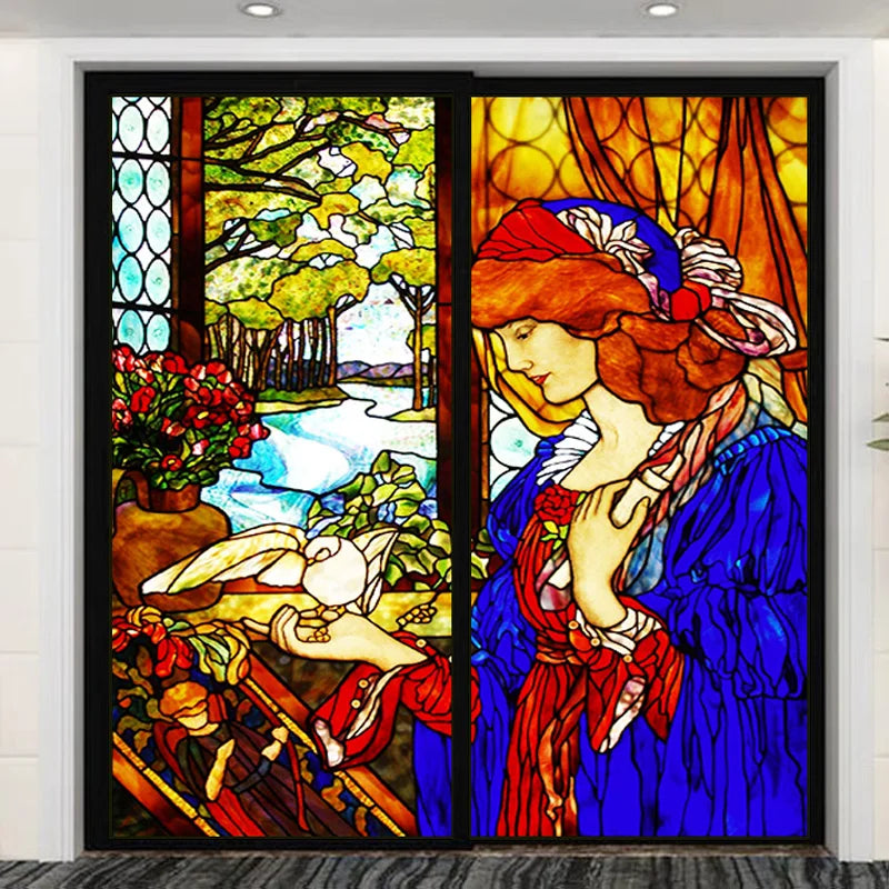 Custom Size Glass Window Film,Static Cling Stained Glass Films,Foil Retro Stickers,For Girl's Room Bathroom Kitchen Door Home
