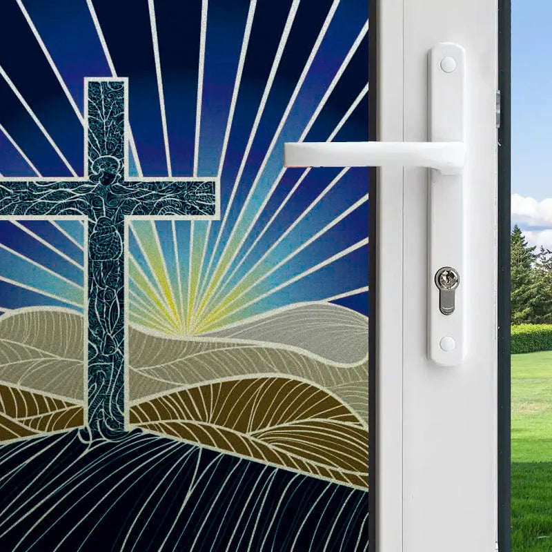 Custom Frosted Stained Glass Window Film,PVC Static Cling Films,Cross Church Decor Foil Stickers