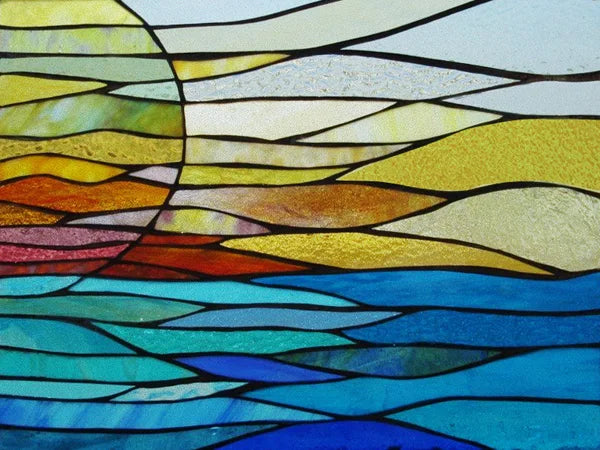 Landscape Painting Stained Glass Films, Transom Windows Film, Opaque Sticker, Self Adhesive, Static Cling, Custom Size