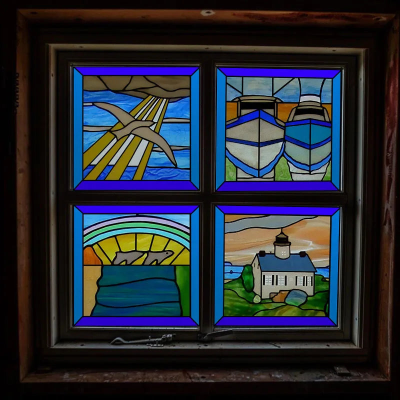 Frosted Stained Glass Window Film, Customized Ocean Boat Color, Static Cling Sticker,Home Decor Foil, Treatment