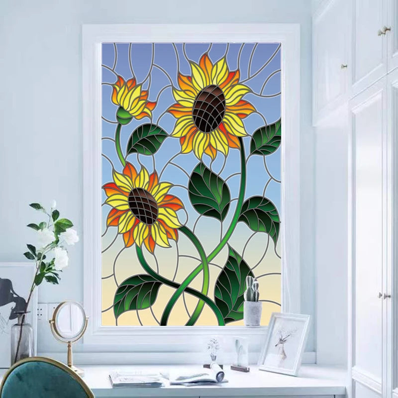 Window Film Stained Glass Stickers,Custom size Static Cling  Sunflower Privacy Films Door Sticker Kitchen Office Home Decor
