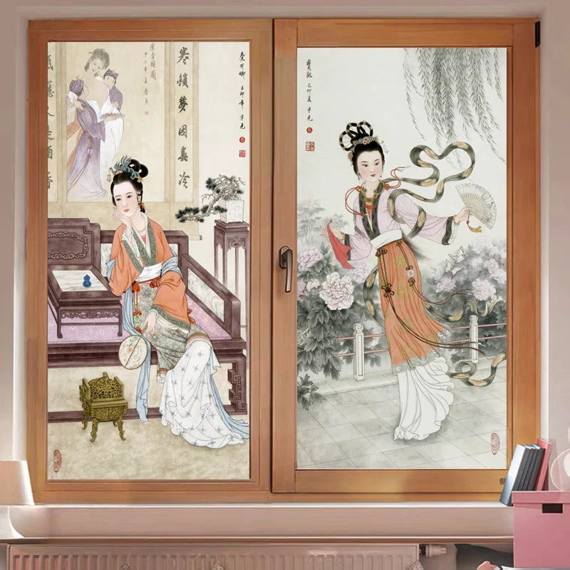Stained Static Cling Window Film,Frosted Opaque Glass Sticker,Chinese style print Poster for Restaurant Home Decor