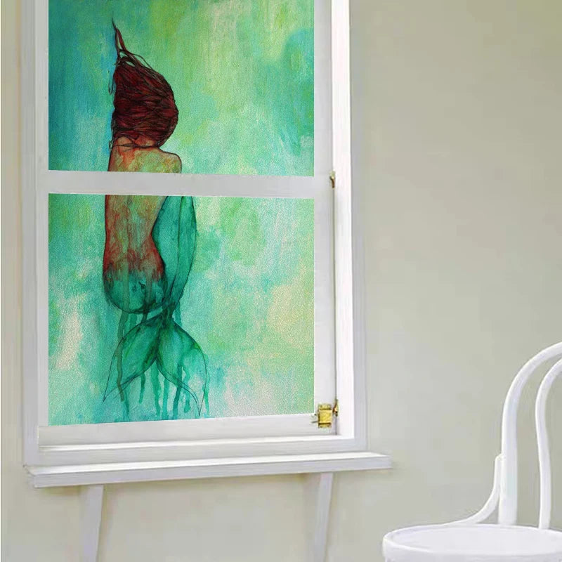 Custom Size Window Stained Glass Films,Mermaid with long hair Picture,Stickers For Bathroom Bedroom Door Office Home Decor