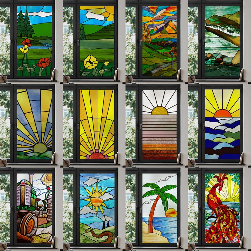 Custom Size Window Film, Stained Glass Stickers, Static Cling, Frosted Privacy Print, Sun,Sailboat,for Window Door, Home Decor
