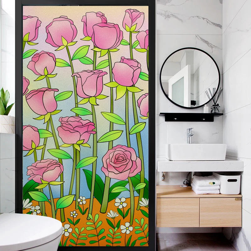 Window Film Stained Glass Films Frosted Static Cling Light-transparent Opaque Privacy Glass Sticker Home Decor Rose Flower