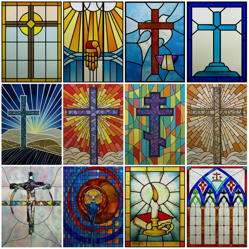 Custom Frosted Stained Glass Window Film,PVC Static Cling Films,Cross Church Decor Foil Stickers