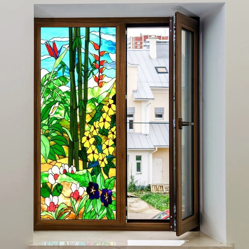 Custom size Stained Glass Films,Flower, Fruit,Tree,Leaf,Bird,Fish Painting Stickers For Bathroom Bedroom Door Office Home Decor