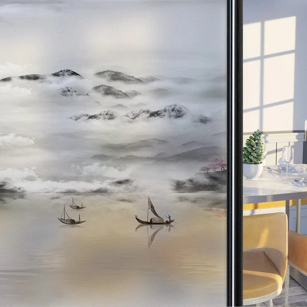 Custom Size Stained Glass Window Film,Frosted Privacy, Static Cling, Door Sticker,Bathroom, Home Decor, Tree, Mountain