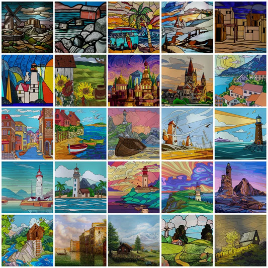 Custom Size Stained Glass Films,Privacy Static Cling,Print Castle, Sailboat, House Door Sticker,Office, Home Decor