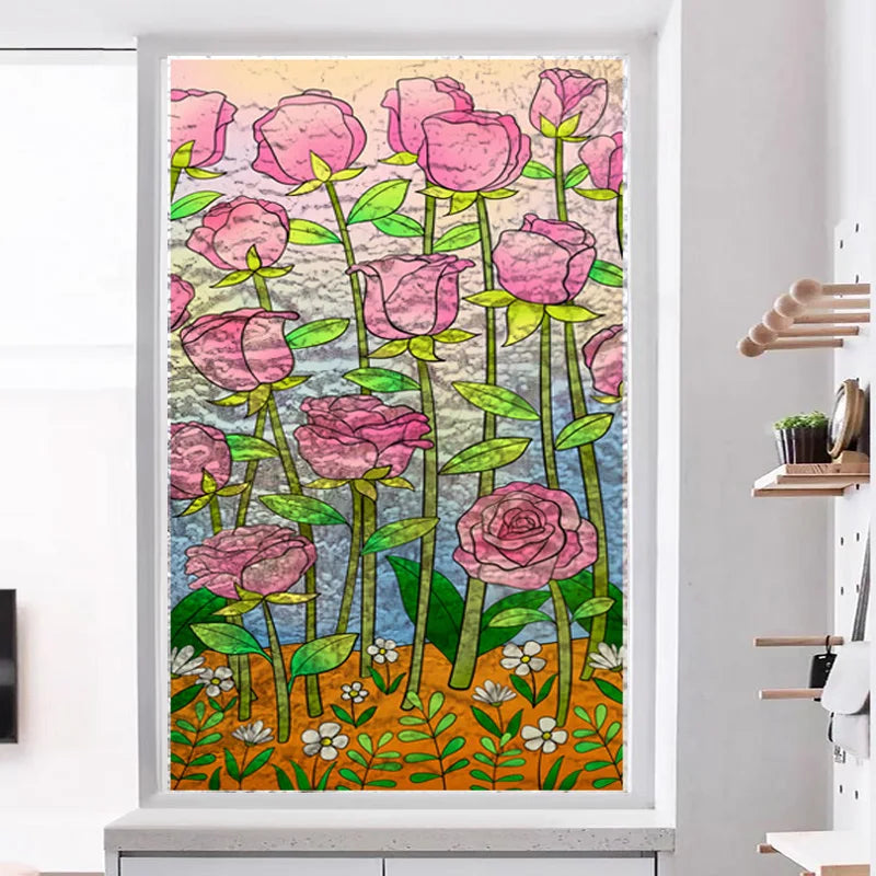 Window Film Stained Glass Films Frosted Static Cling Light-transparent Opaque Privacy Glass Sticker Home Decor Rose Flower
