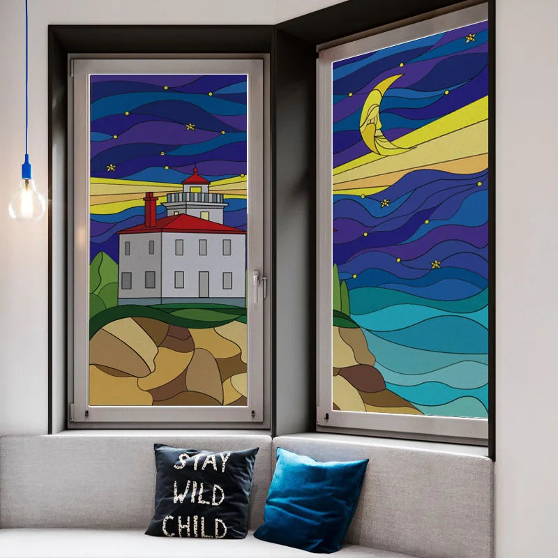 Custom size Stained Glass Films,Privacy Static Cling,Print Sea Red Lighthouse,Rising Sun, Night,Door Sticker,Office Home Decor
