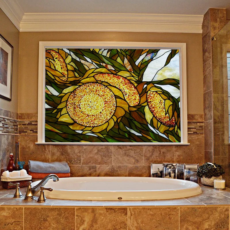 Window Film Stained Glass Stickers,Custom size Static Cling  Sunflower Privacy Films Door Sticker Kitchen Office Home Decor