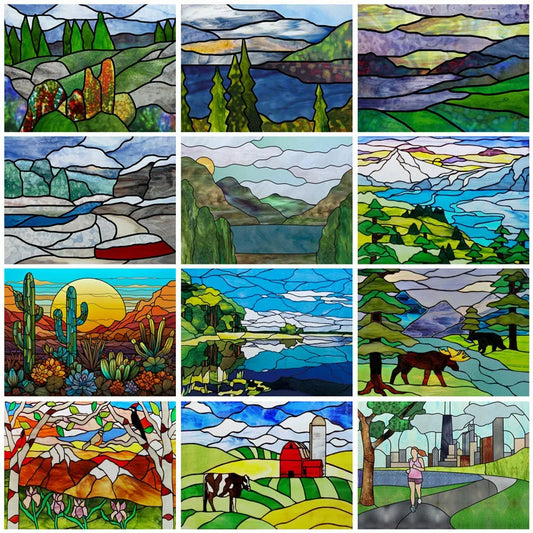 Landscape Painting Stained Glass Films, Transom Windows Film, Opaque Sticker, Self Adhesive, Static Cling, Custom Size