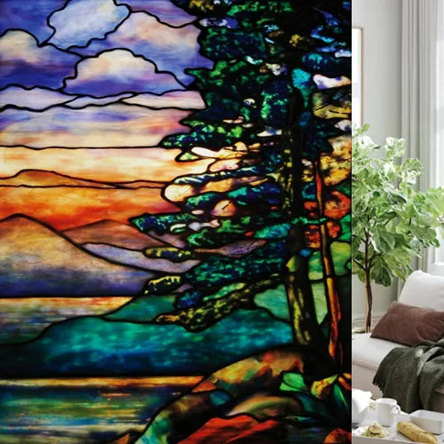 Custom size Glass Films,Stained Glass Stickers Static Cling,Frosted Privacy Print Tree,Rivers,Hill For Window Door Home Decor