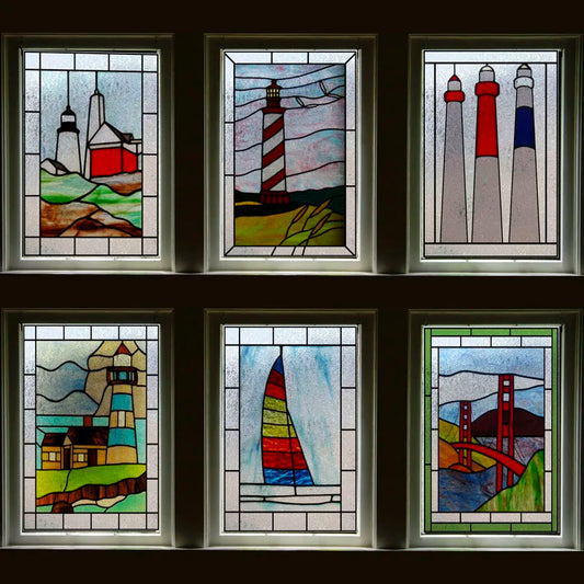 Custom size Glass Films,Stained Glass Stickers Static Cling,Frosted Privacy Retro Vintage Lighthouse Window Door Home Decor