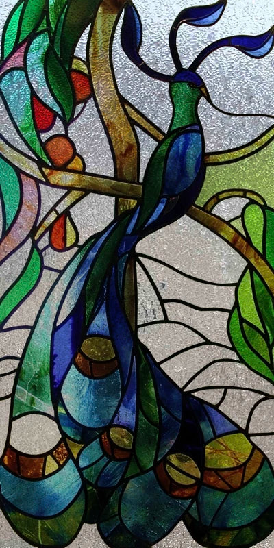 Custom Size 3D Matte Window Film, Stained Glass, Decorative UV Window Sticker, Privacy Frosted Static Cling, Home Decal,Peacock