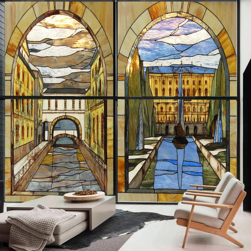 Window Film Stained Glass Stickers,Custom size Static Cling,Print Castle Church landscape Sailboat Sticker,Office Home Decor