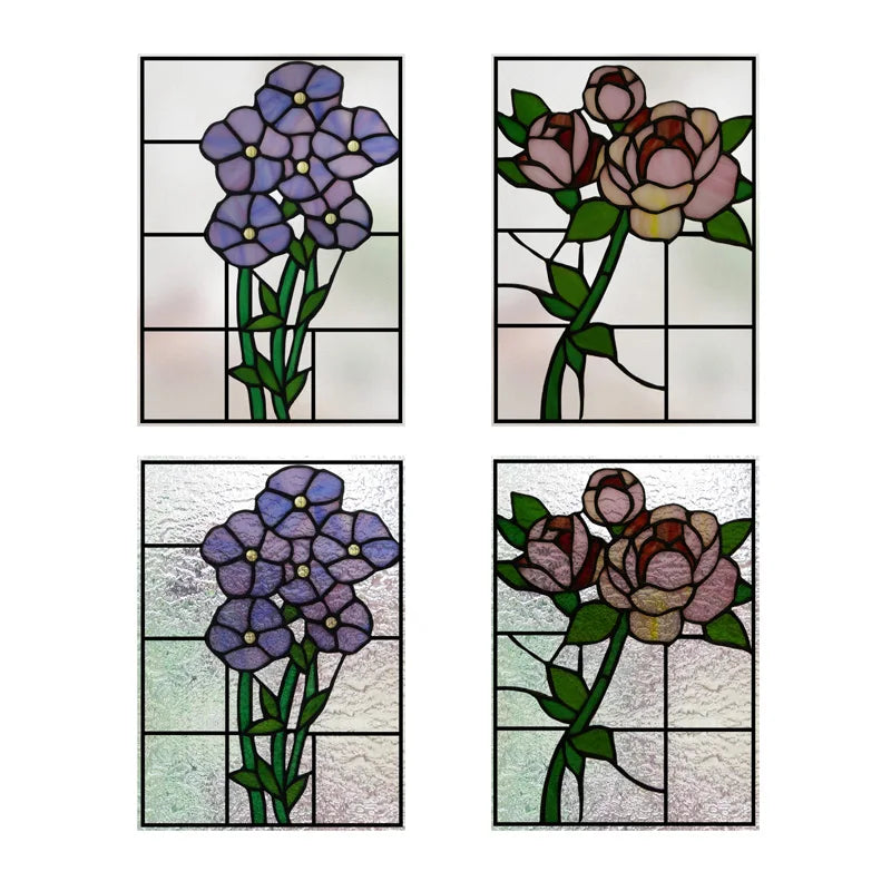 Custom Frosted Stained Glass Film with Floral Rose 3D Design, Static Cling Window Sticker, Removable Privacy Decoration for Home