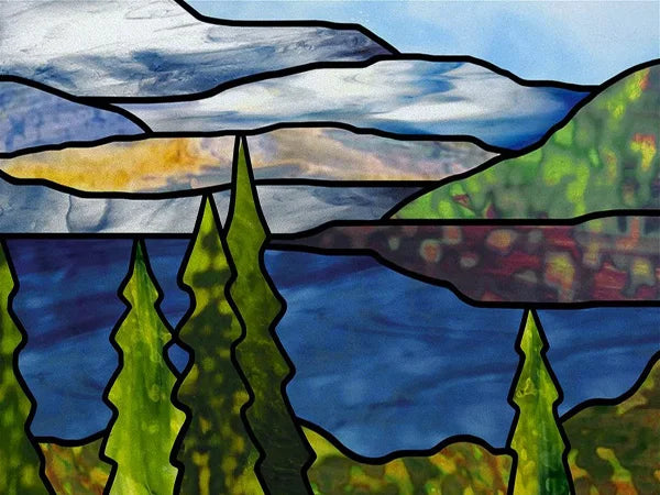 Landscape Painting Stained Glass Films, Transom Windows Film, Opaque Sticker, Self Adhesive, Static Cling, Custom Size