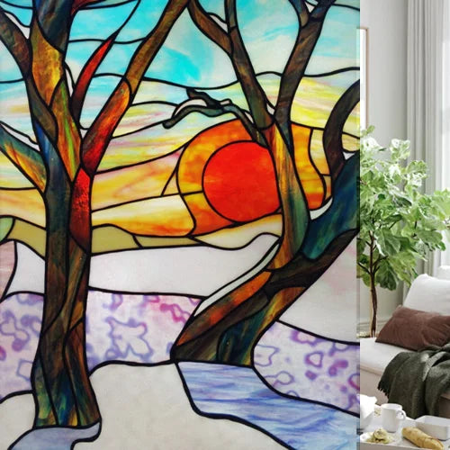 Custom size Glass Films,Stained Glass Stickers Static Cling,Frosted Privacy Print Tree,Rivers,Hill For Window Door Home Decor