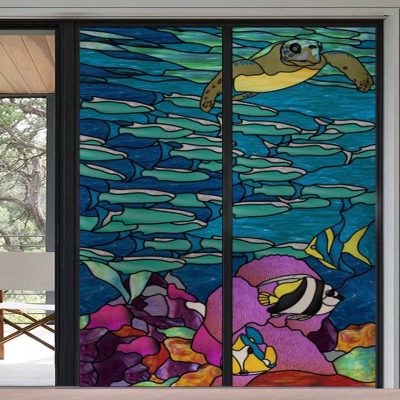 Custom Size Window Stained Glass Films,Fish,Sea World Stickers For Bathroom Bedroom Door Office Home Decor