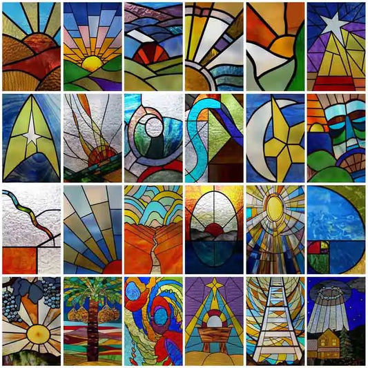 Window Film Frosted Stained Glass Films,Customized Privacy Static Cling,Vintage Sticker,Office Home Decor,Colorful Sun moon