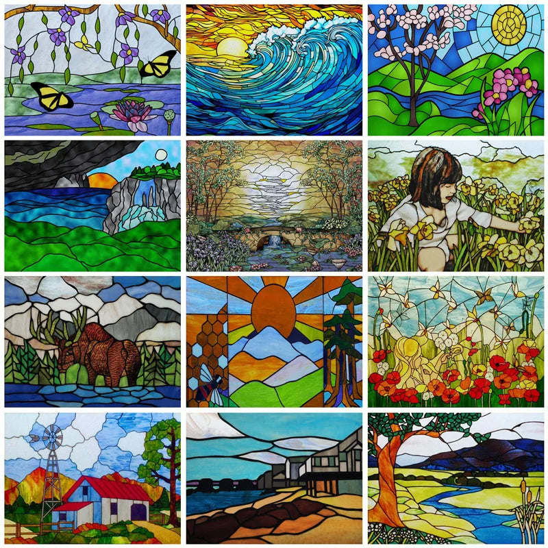 Landscape Painting Stained Glass Films, Transom Windows Film, Opaque Sticker, Self Adhesive, Static Cling, Custom Size