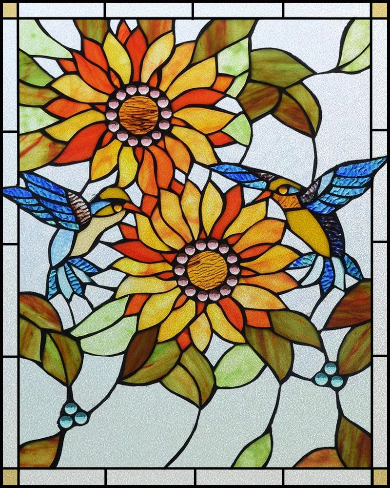 Customized Frosted Stained Glass Window Film,  SunFlower, Hummingbird, Static Cling Sticker,Home Decor, Treatment