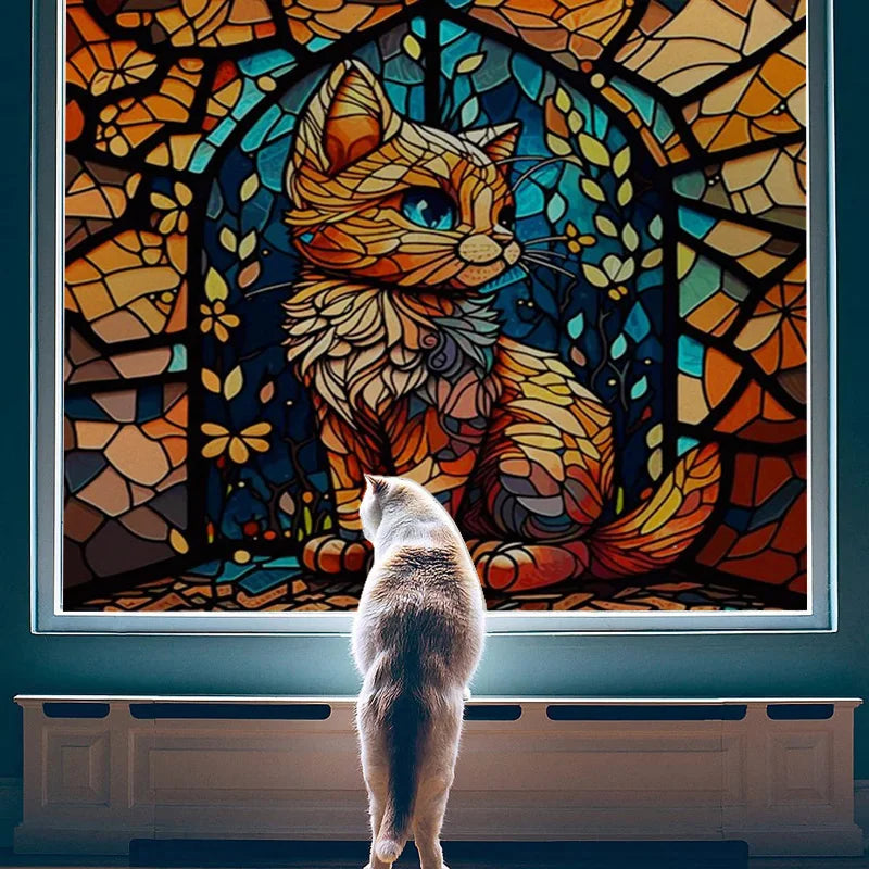 Custom size Window Film Stained Glass Films Frosted Privacy Static Cling Retro Dog Tiger Cat Sticker Bathroom Skylight Decor